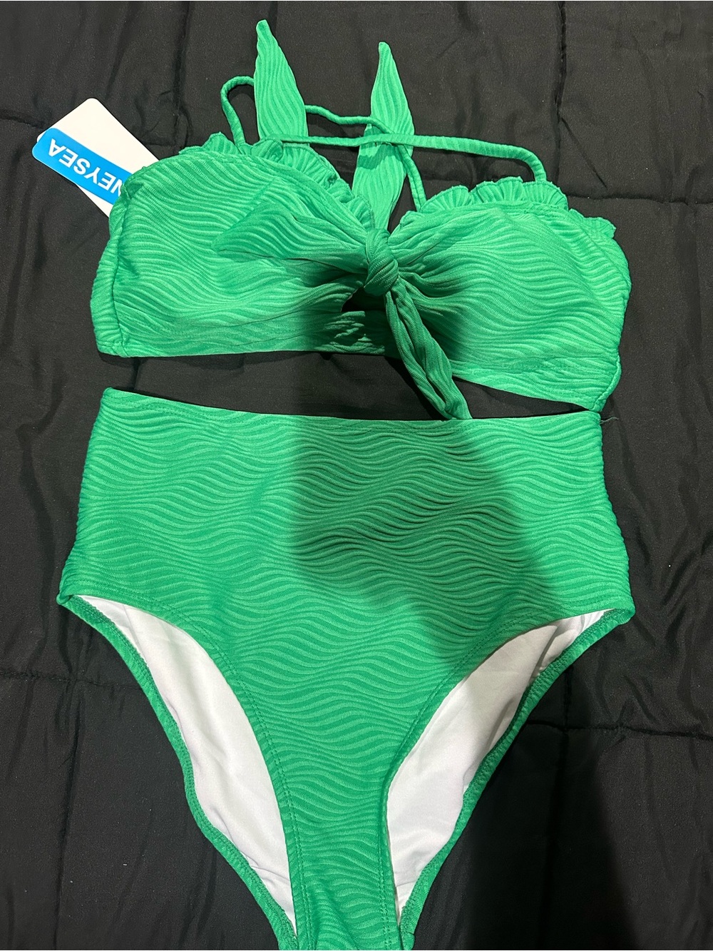 Green Textured High-Waist Knot Front Bikini Set